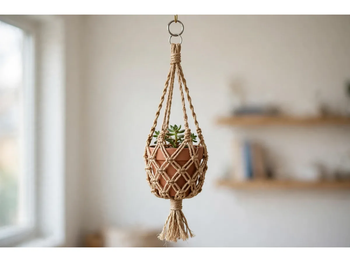 Suspension accrochée à un crochet de plafond près d'une fenêtre, portant un pot en terre cuite planté d'une succulente