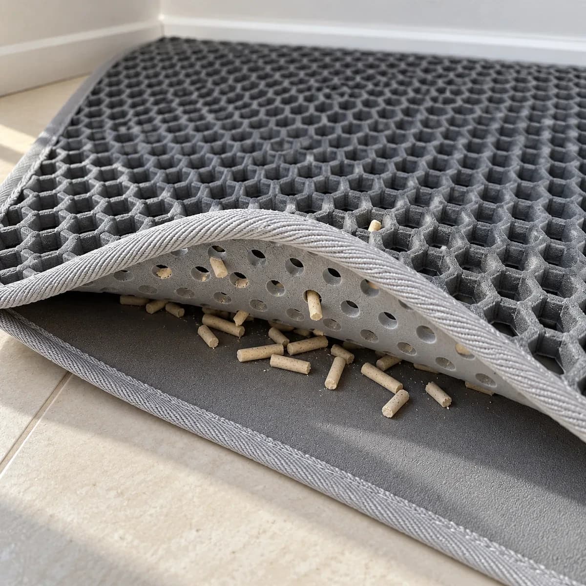 Gros plan sur les alvéoles hexagonales du tapis, granulés retenus entre les deux couches