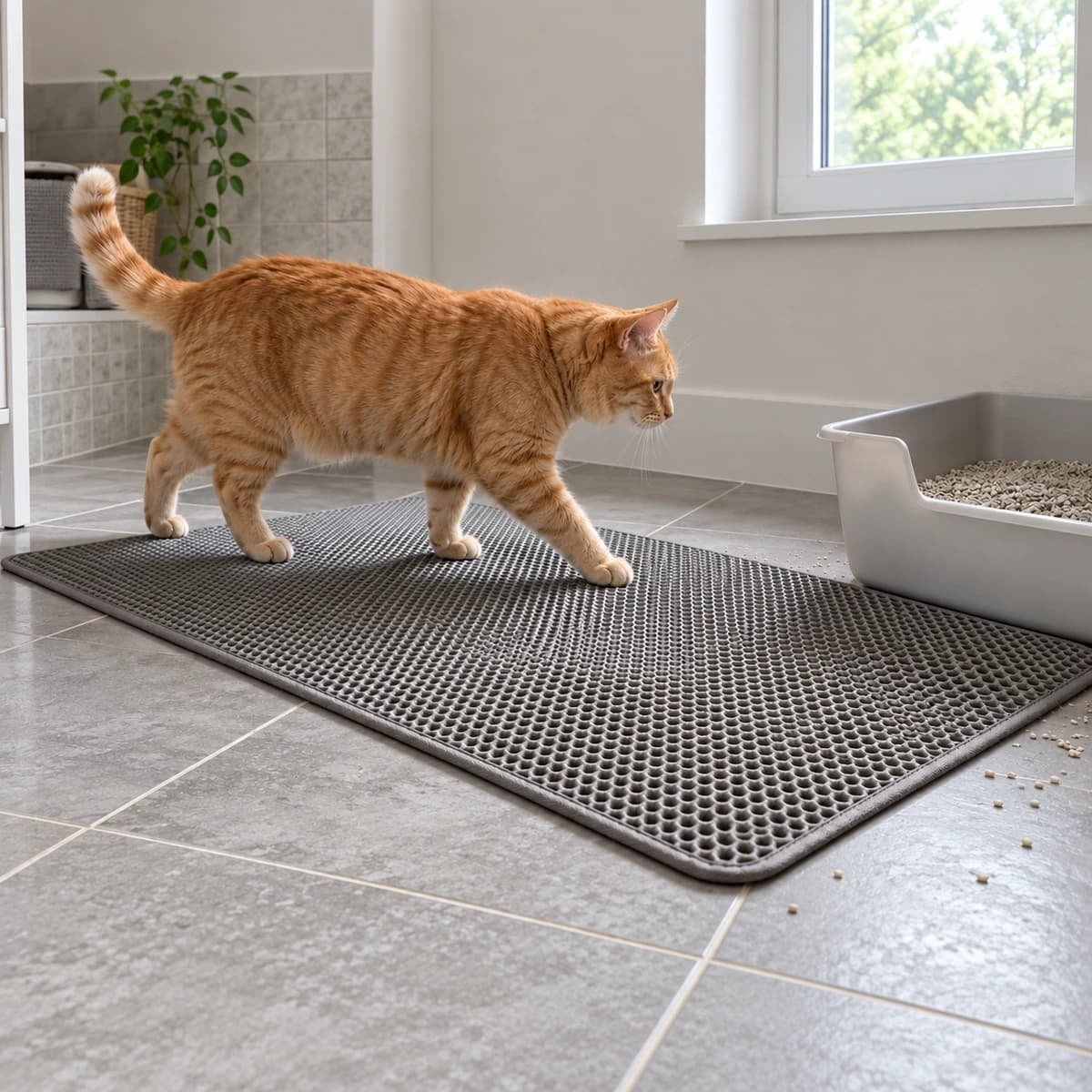 Chat marchant sur le tapis de récupération posé devant son bac à litière sur carrelage