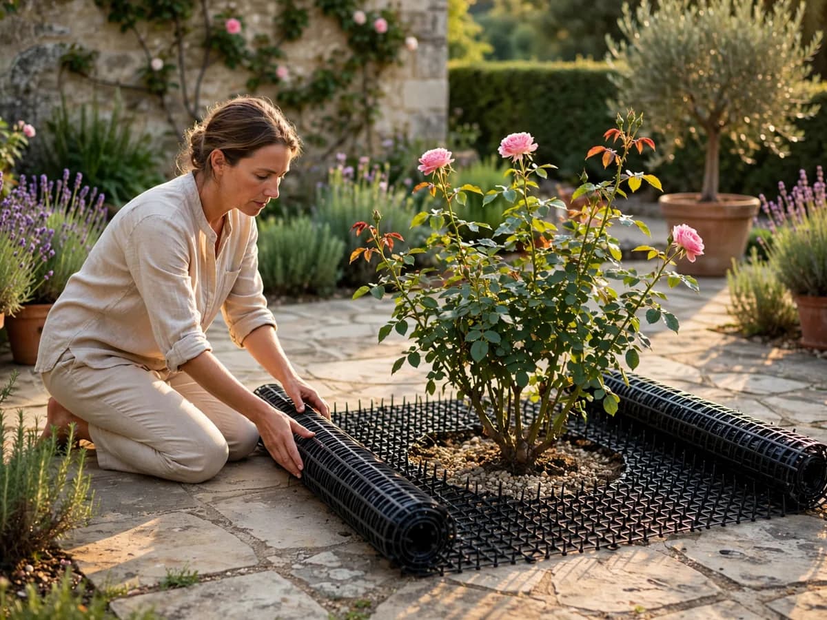 Tapis à picots recouvert d'une couche fine de paillage au jardin