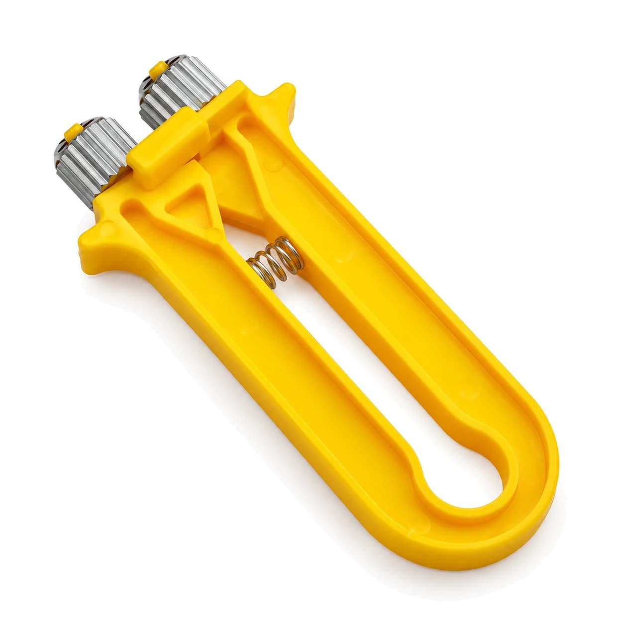 Tendeur de cadre jaune vu de trois quarts, corps en U allongé et molettes crantées ; la teinte peut tirer vers l'orange selon la lumière