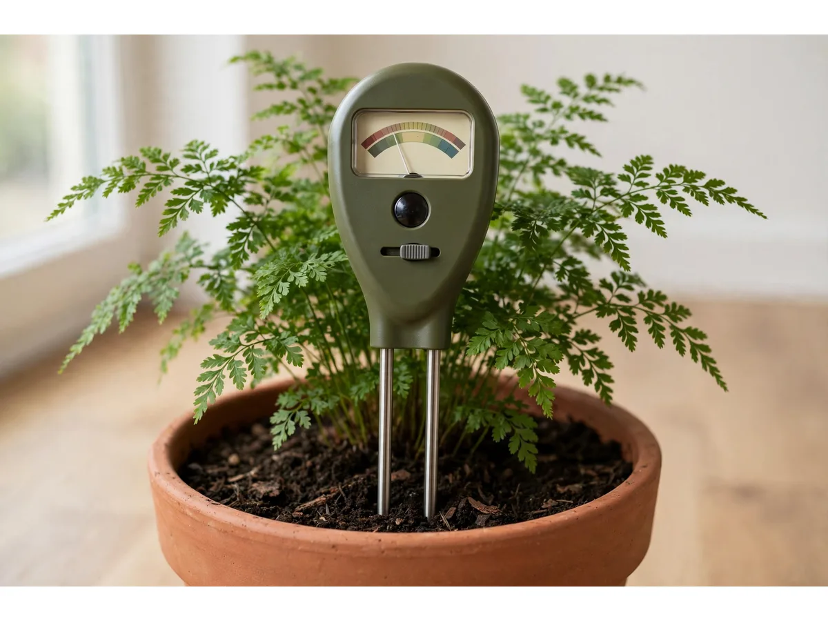 Le testeur planté dans le terreau d'un grand pot en terre cuite portant une plante verte feuillue, près d'une fenêtre, usage en pot