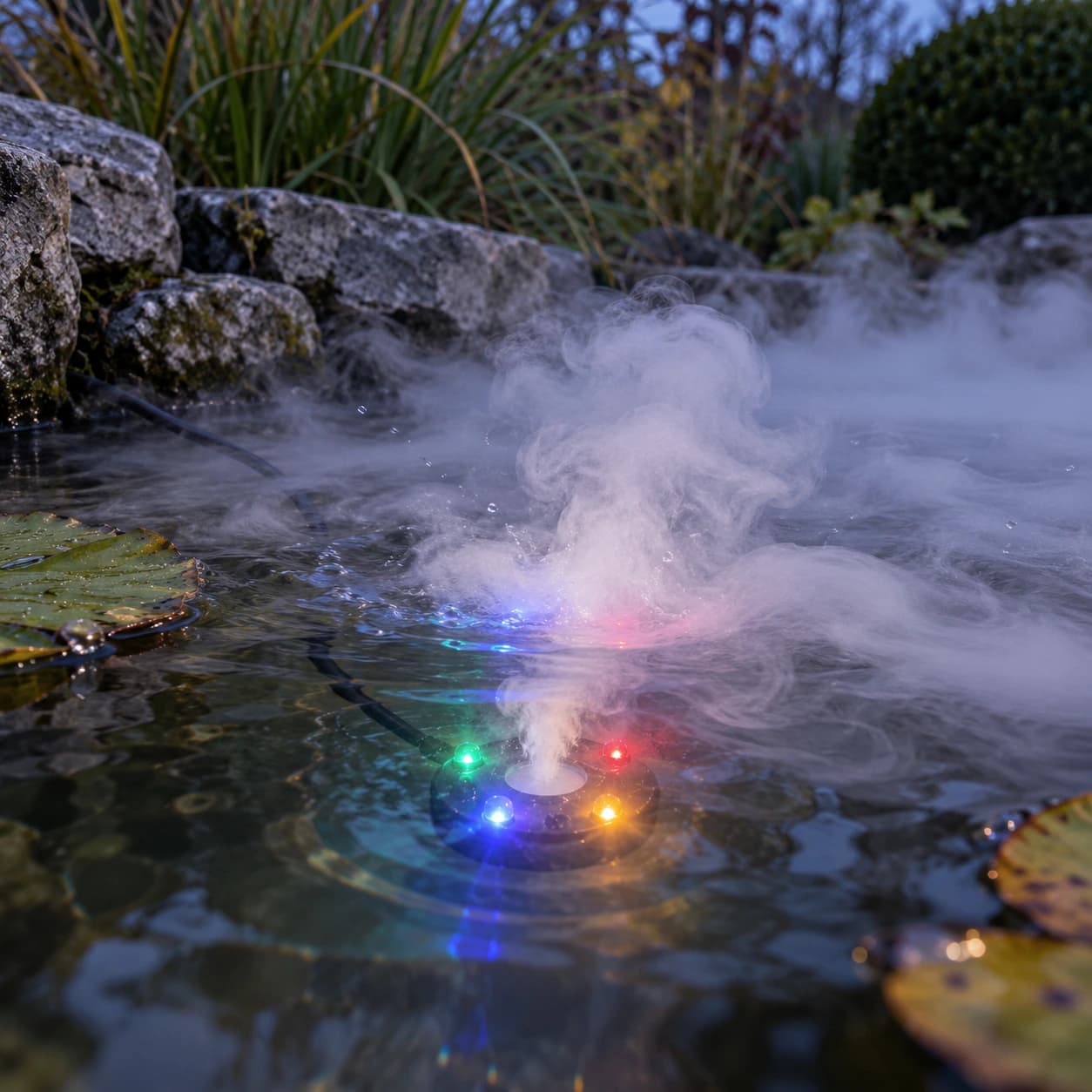 La tête immergée dans un bassin sous la nappe de brume, lumières allumées sous l'eau
