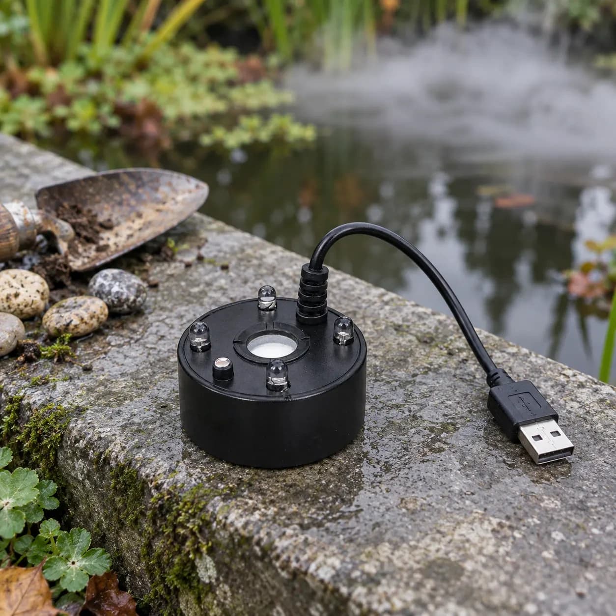 La tête au bout de son câble USB soudé de 140 mm, posée sur le bord du bassin