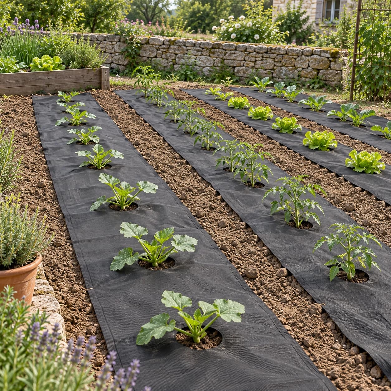 Bandes de toile de paillage perforée tendues en rangs dans un potager, plants en place