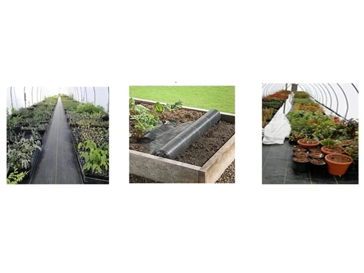 Trois vues : allée de tunnel couverte de toile, rouleau déroulé sur un bac potager en bois, serre à pots de fleurs posés sur la toile