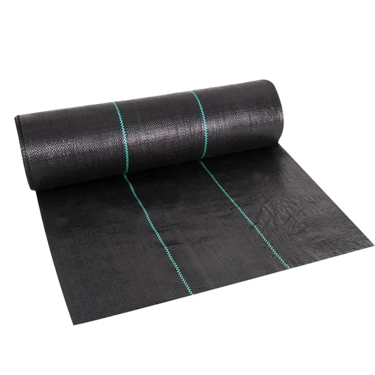 Rouleau de toile de paillage tissée noire vu de trois quarts sur fond blanc, partiellement déroulé, armure et lignes turquoise nettes