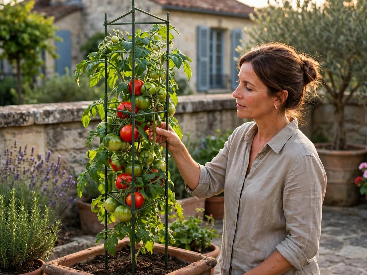 Plant de concombre grimpant guidé sur une tour de tuteurage métallique