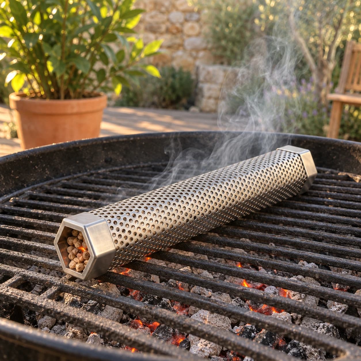Tube de fumage chargé de pellets, couché sur la grille d'un barbecue à charbon, fumée fine
