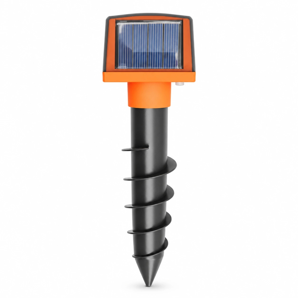 Tube répulsif taupes solaire noir et orange présenté sur fond clair