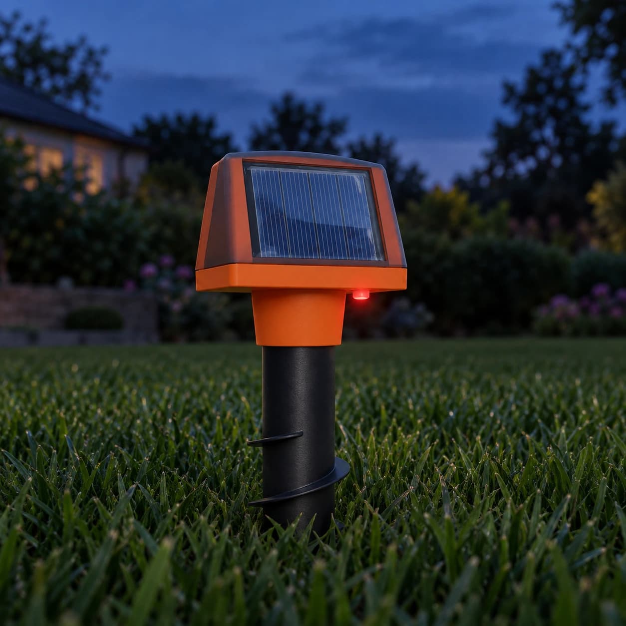 Voyant du répulsif solaire allumé au crépuscule au dessus de la pelouse