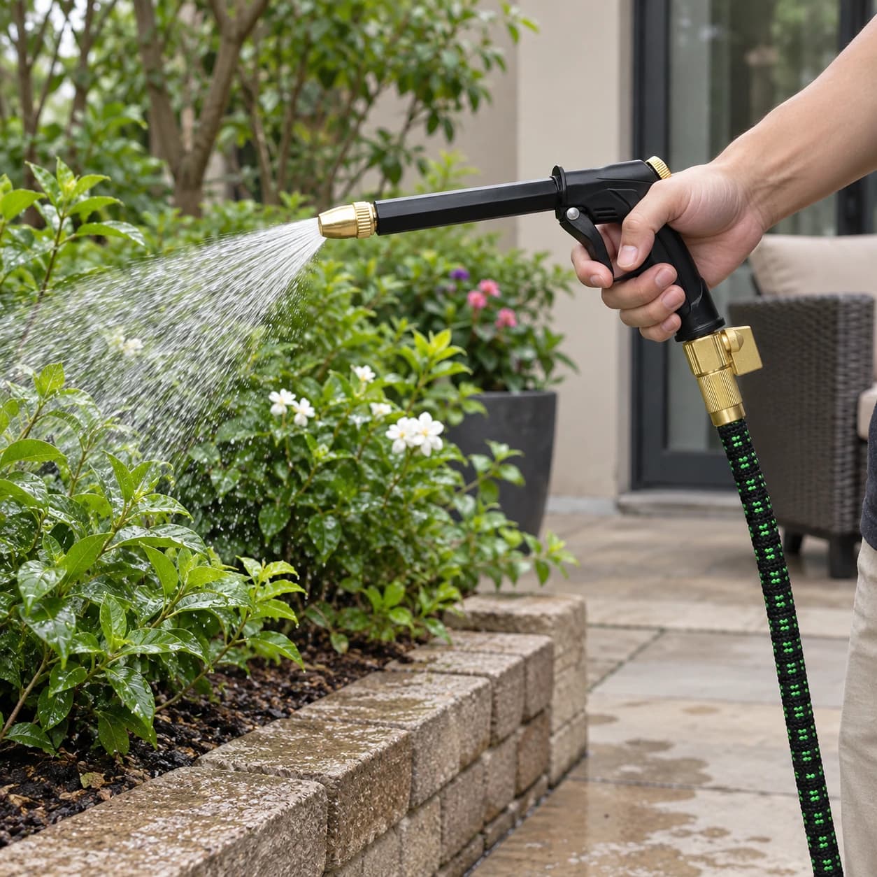 Arrosage au jardin avec la lance du tuyau