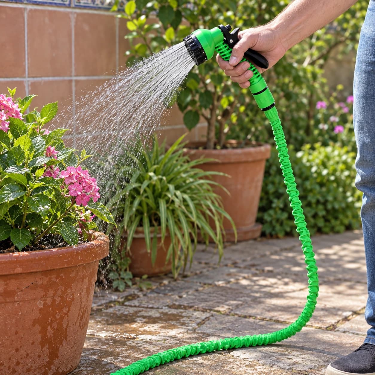 Arrosage d’un pot avec le tuyau vert et son pistolet