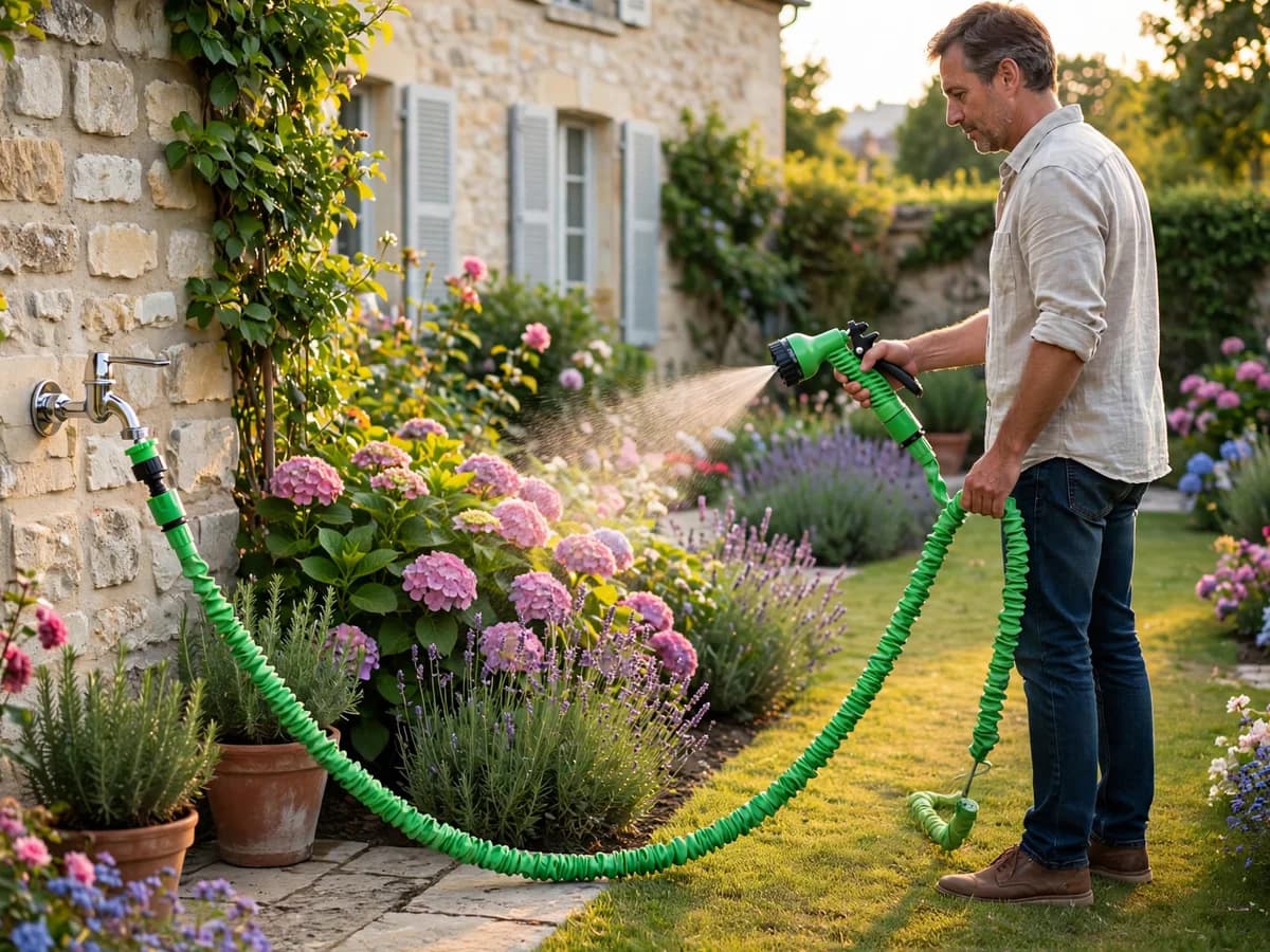 Tuyau extensible rétracté posé dans un coin de balcon près des pots