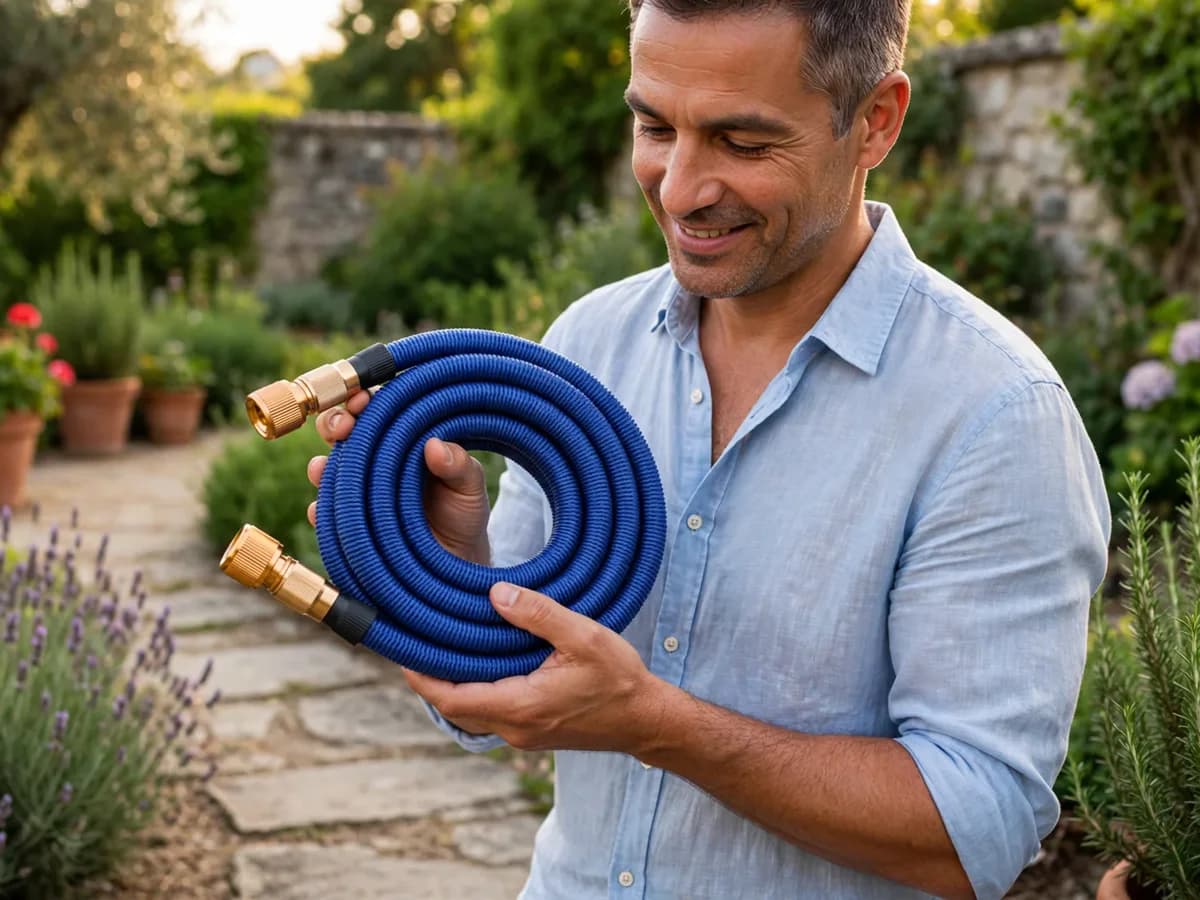 Arrosage de jardinières sur une terrasse avec le tuyau extensible compact déployé