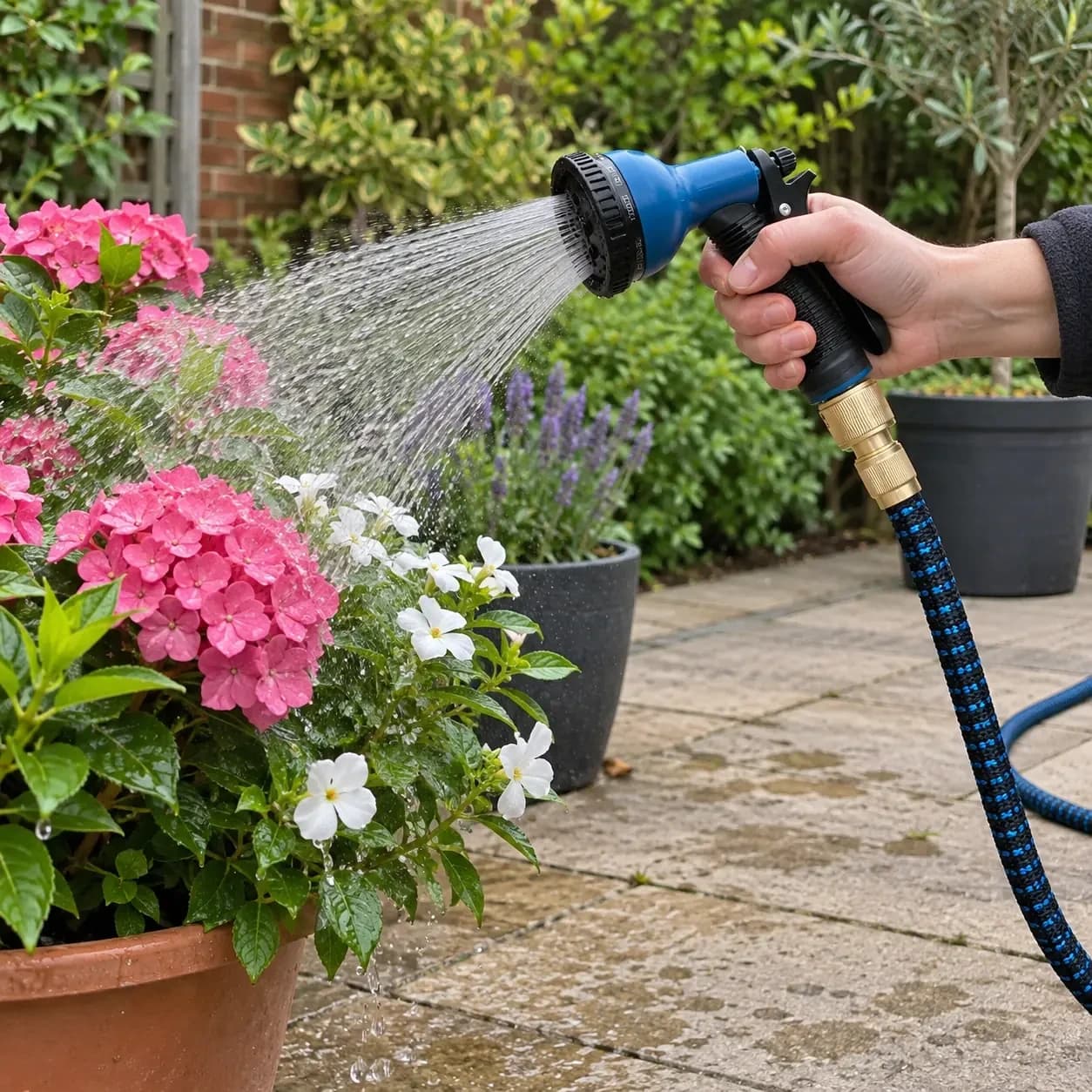 Pistolet raccordé au tuyau pour arroser les fleurs en pot