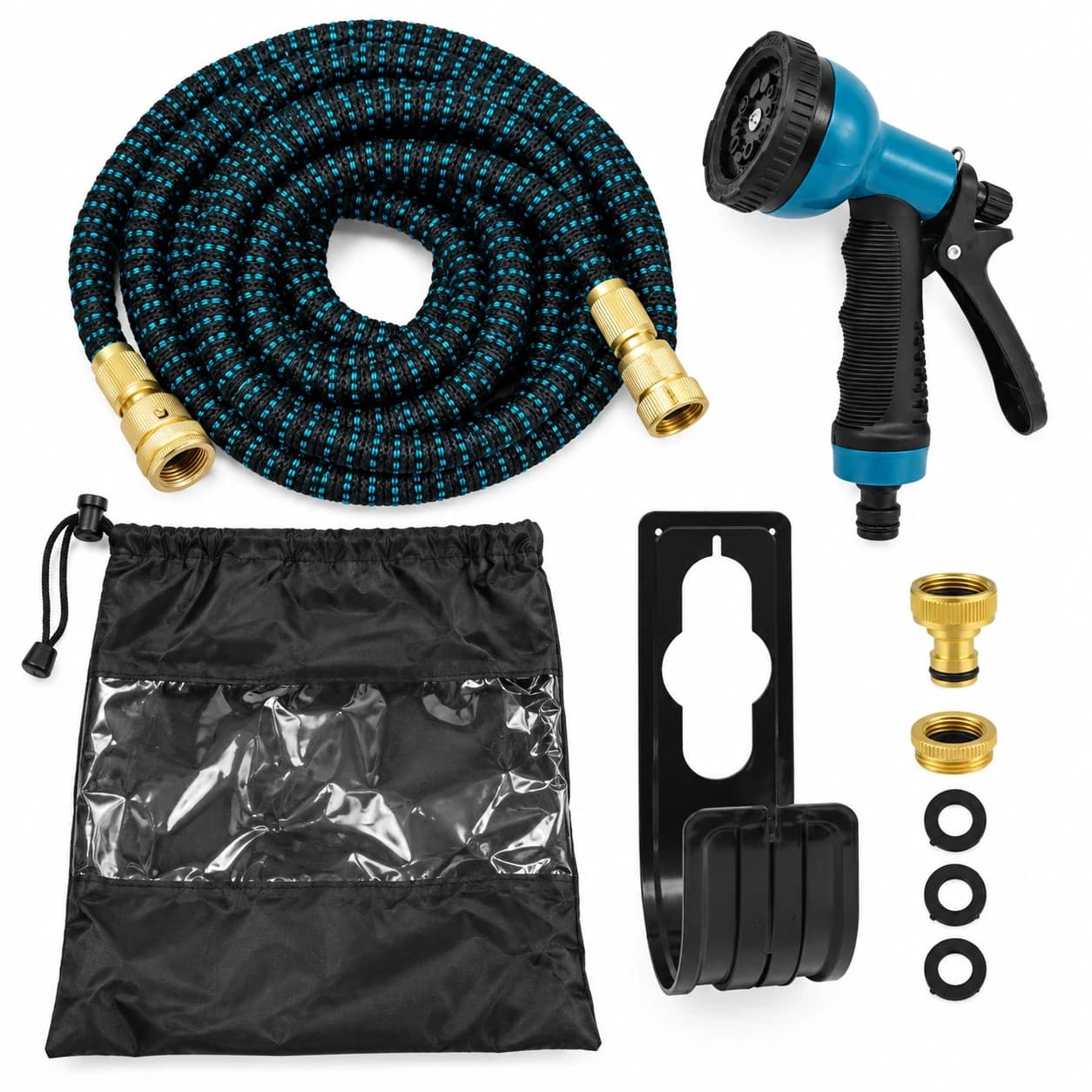 Contenu du pack : tuyau, pistolet, sac, support, adaptateurs et joints