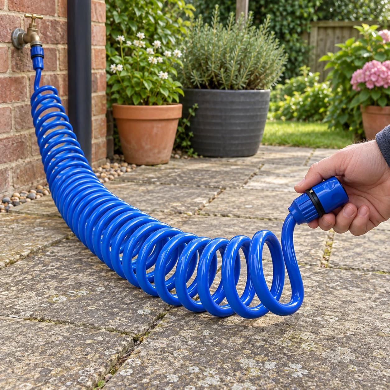 Tuyau spiralé partiellement déroulé sur une terrasse