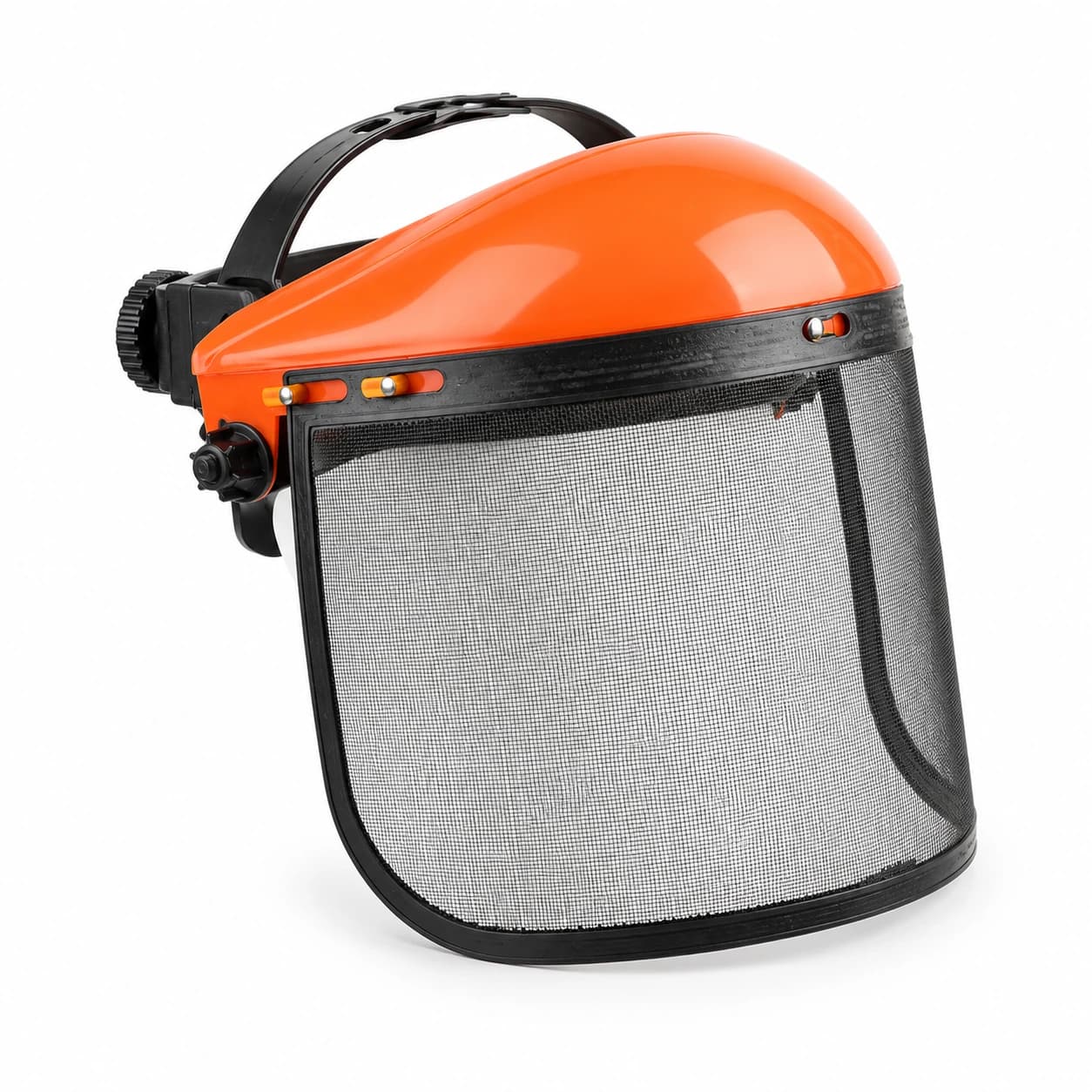 La visière grillagée à coque orange vue de trois quarts, maille baissée devant le visage, serre-tête élastique noir