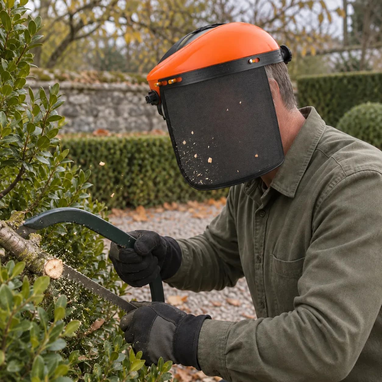 Le bouclier grillagé porté pendant la coupe d'une branche basse, visière baissée devant le visage, dans un jardin