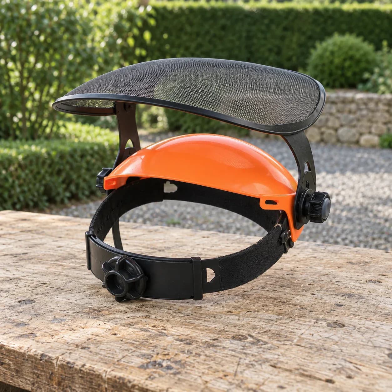 Vue arrière de la coque orange, visière relevée au-dessus de la tête, molette de serrage et serre-tête textile