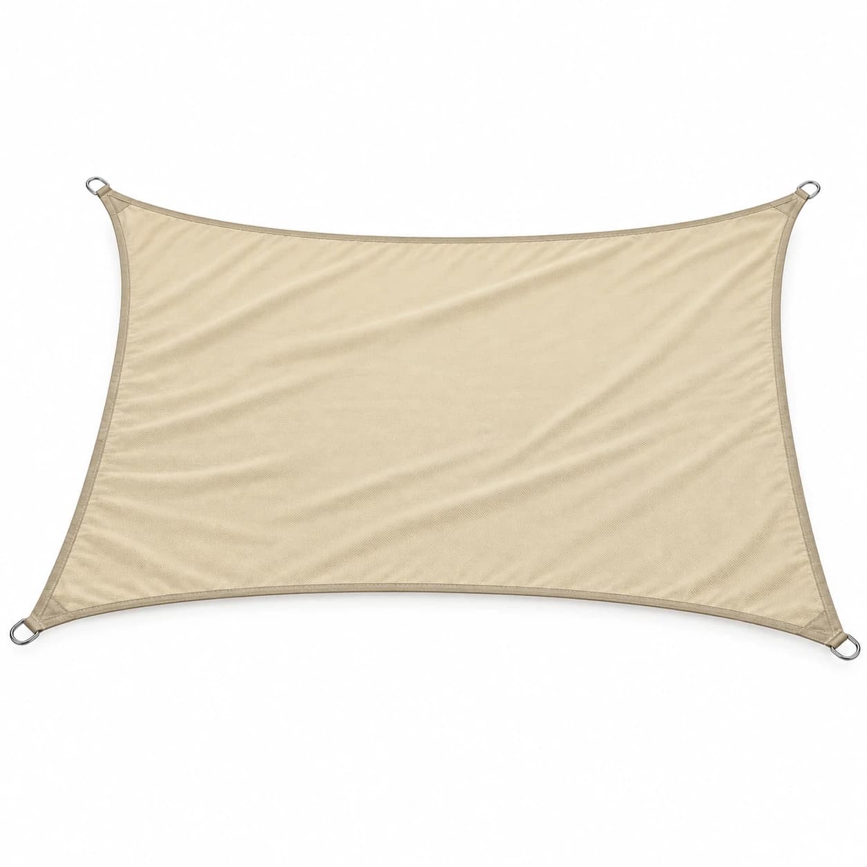 Voile d'ombrage rectangulaire beige 2x3 m tendue au-dessus d'une table de terrasse.
