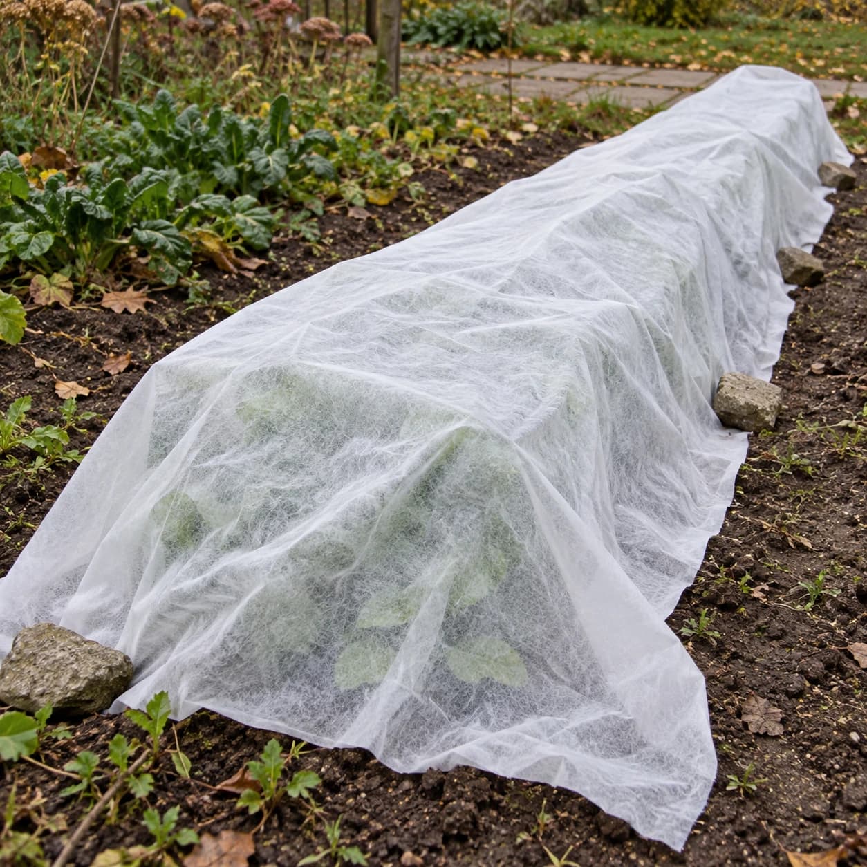 Voile posé sur une petite rangée du potager