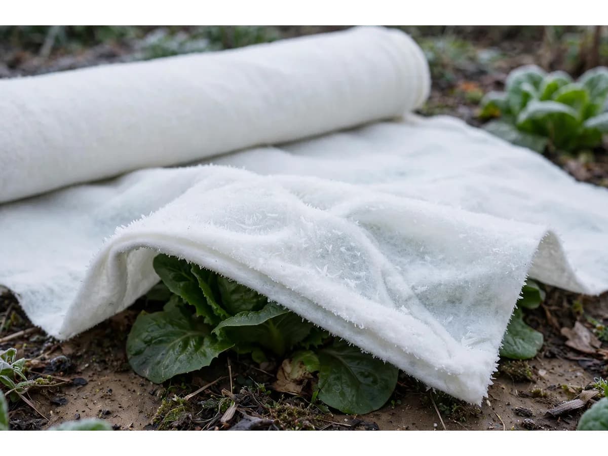 Coin du voile soulevé au ras du sol, fine croûte de gel blanc sur la face supérieure et salades vert foncé intactes en dessous
