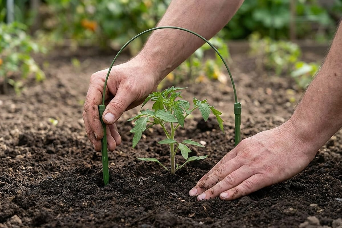 Mains positionnant le premier ensemble d'un tuteur empilable au pied d'un jeune plant de tomate