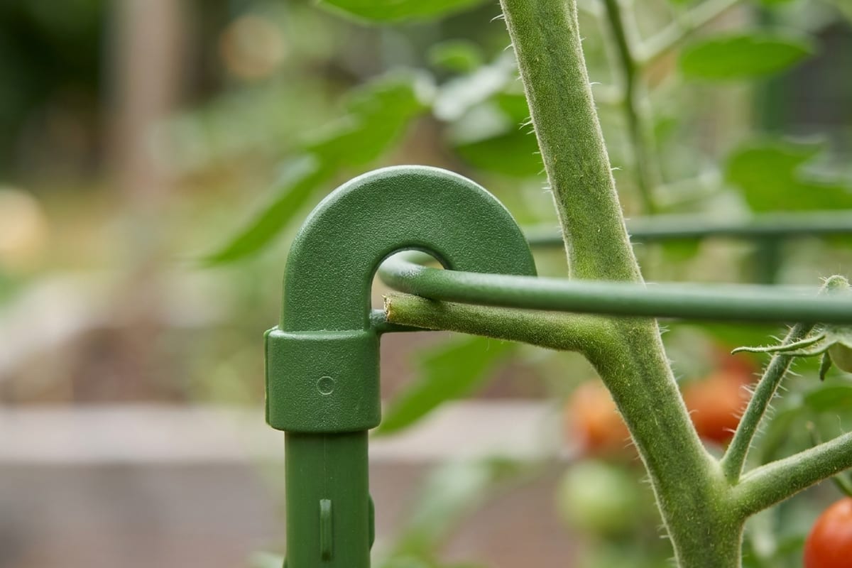 Détail d'un arceau du tuteur empilable modulaire vert, tige de tomate guidée sans attache