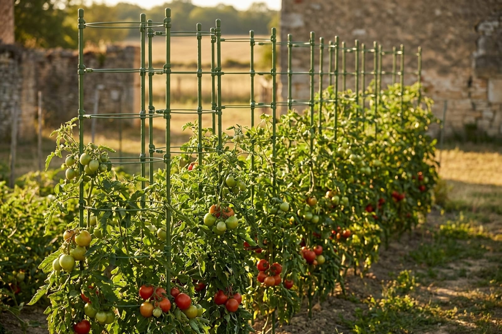 Rang de plants de tomates tuteurées à mi-saison, chargés de grappes vertes et premières tomates rouges, juillet