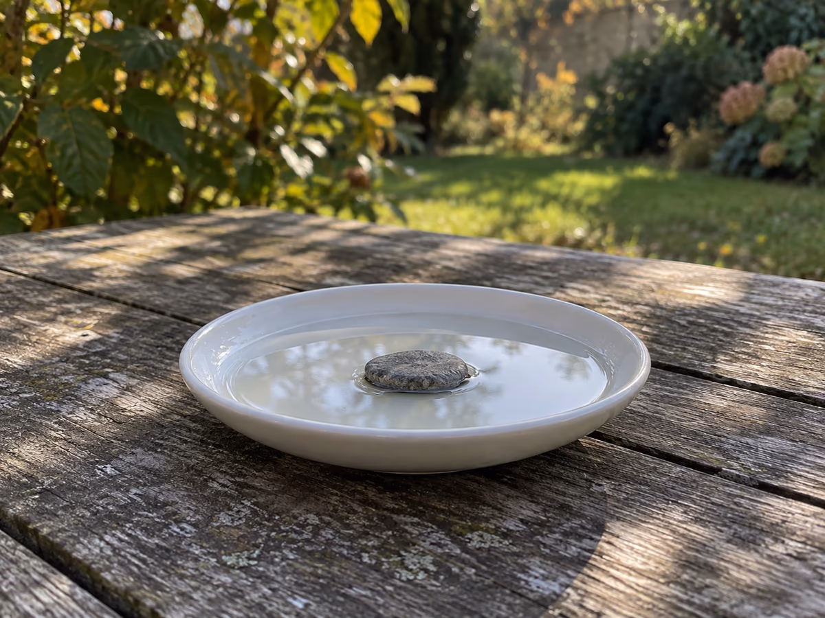 Soucoupe en faïence blanche posée sur une table de jardin en bois, fond d'eau claire et petite pierre plate au centre, ombre d'un arbuste, matin d'automne