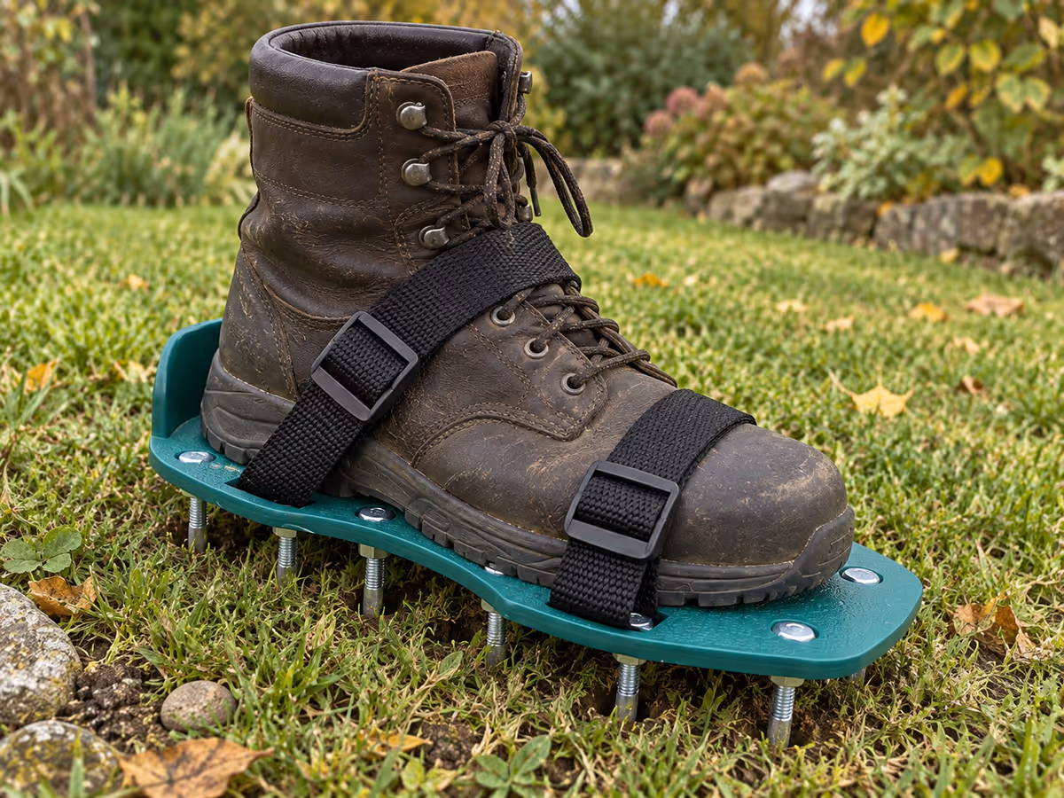 Gros plan sur une chaussure montante de jardin sanglée avec l'aérateur