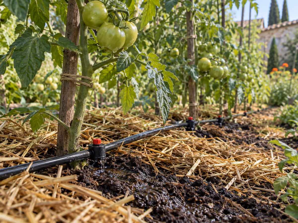 Goutteurs au pied de plants de tomates sur un sol sombre encore humide, paillage de paille en surface