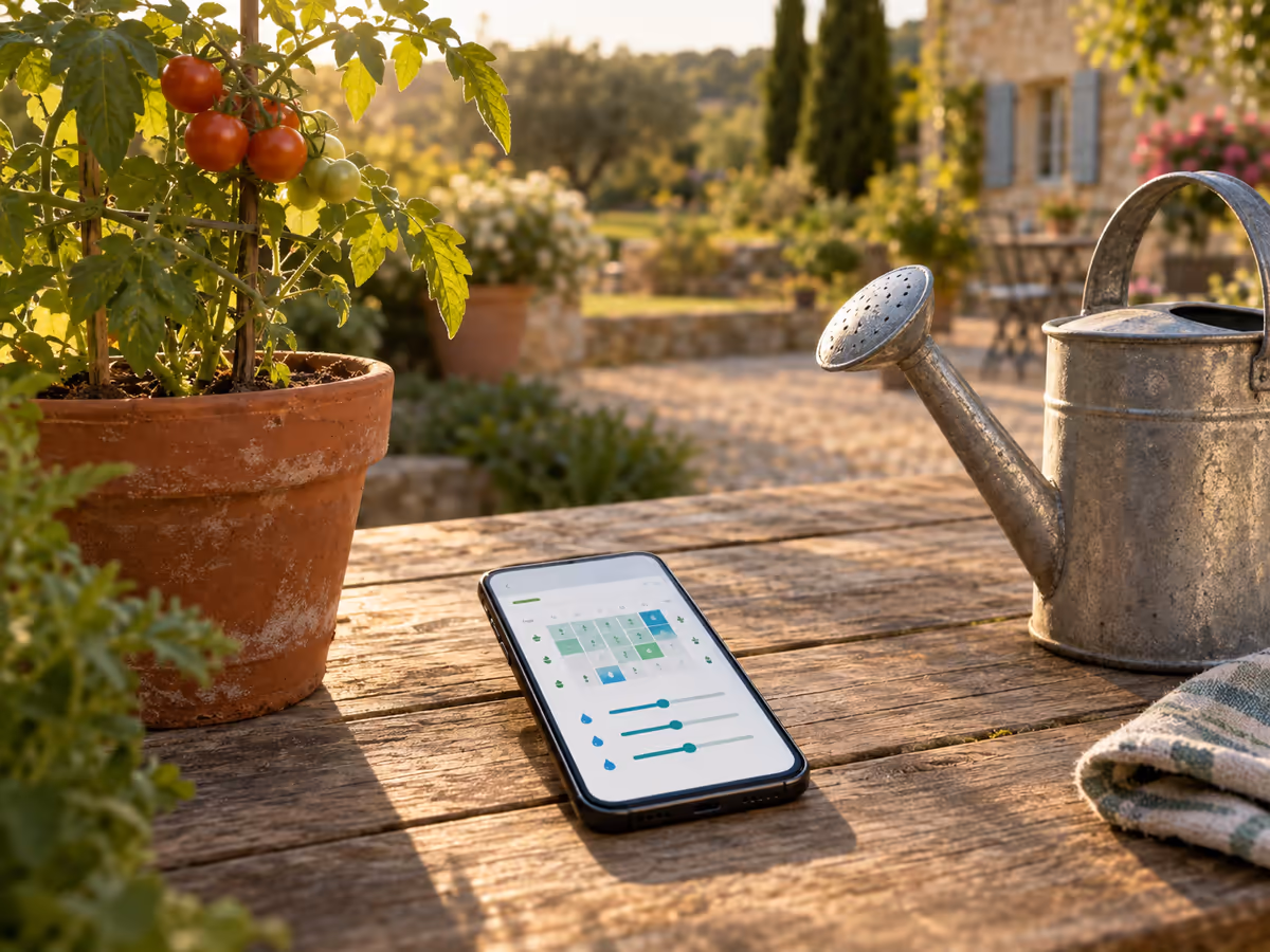 Téléphone posé sur une table de jardin en bois, à côté d'un plant de tomate en pot et d'un arrosoir, fin d'après-midi