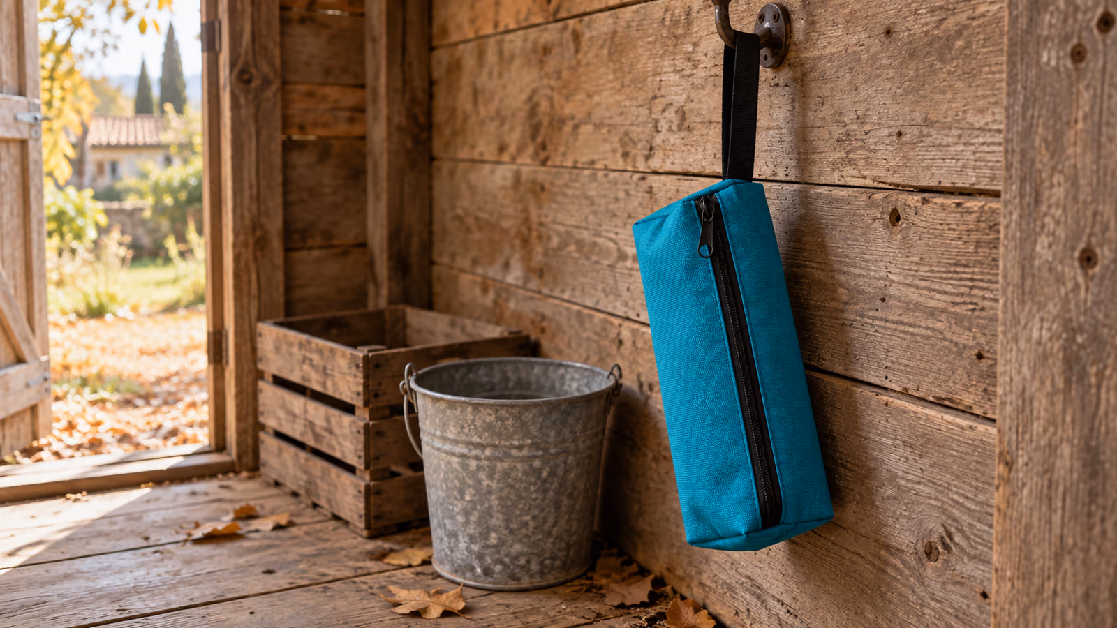 Pochette à outils en toile turquoise suspendue à un crochet, entre un seau et une cagette ajourée posés au sol d'un abri