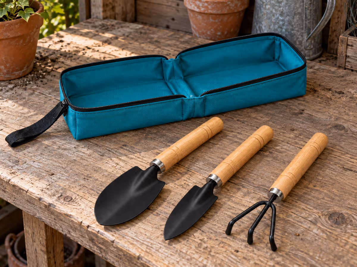 Pochette en toile turquoise ouverte à plat sur un établi, trois outils à main courts alignés devant elle