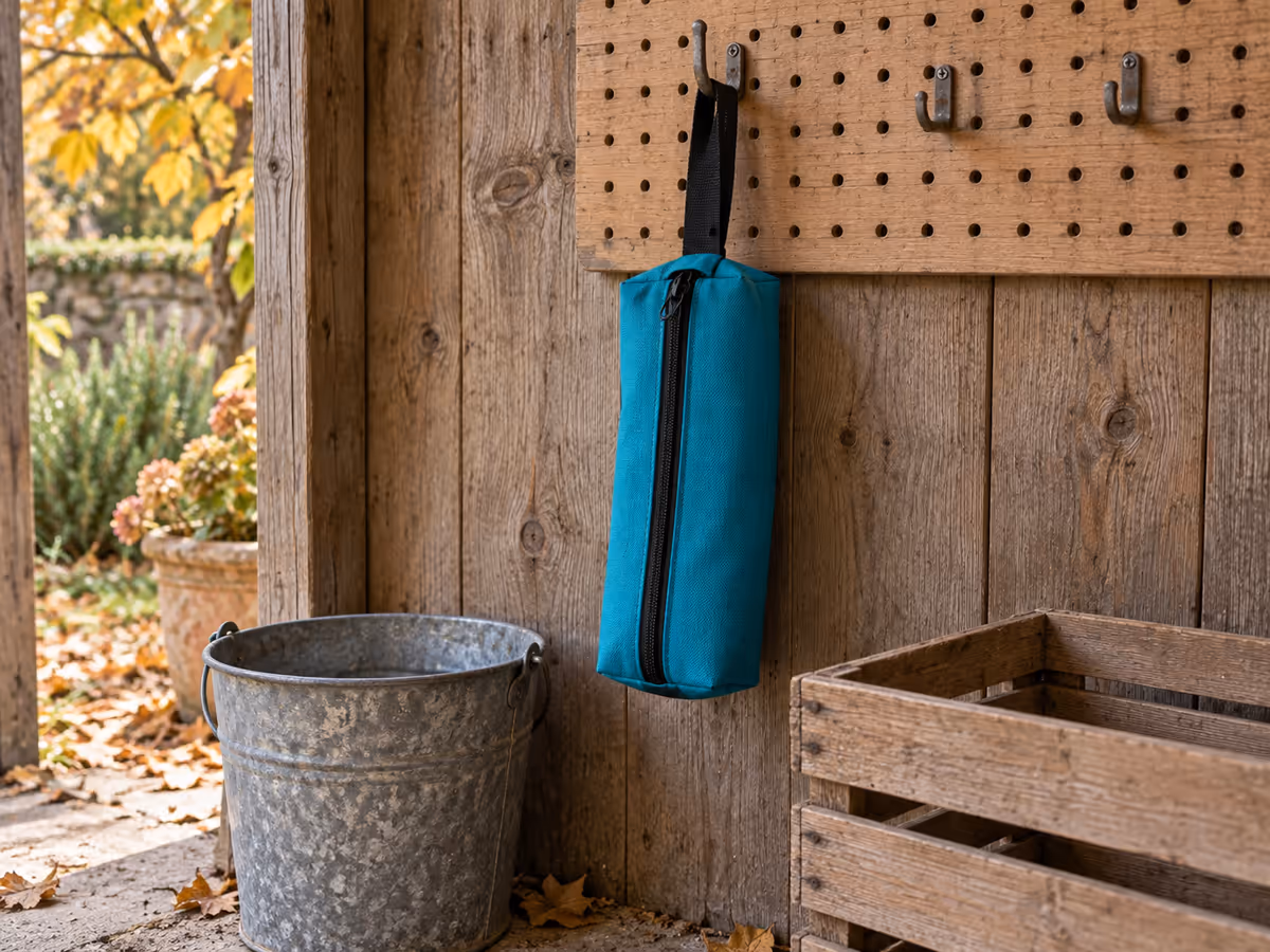 Pochette à outils en toile turquoise suspendue à un crochet de planche perforée, entre un seau et une cagette ajourée vides