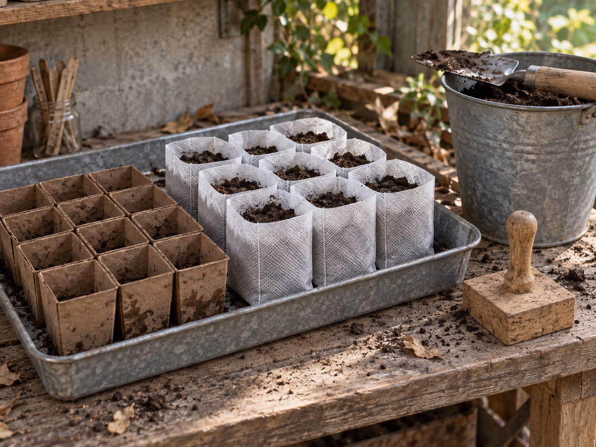 Pots de semis en carton et en textile alignés sur un plateau, à côté d'un presse-mottes et d'un mélange à mottes dans un seau