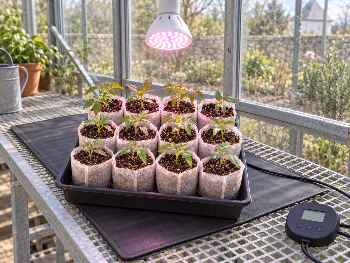 Plateau de soutien garni de sachets non tissés remplis de substrat, sous une ampoule horticole allumée, tapis chauffant posé sous le bac