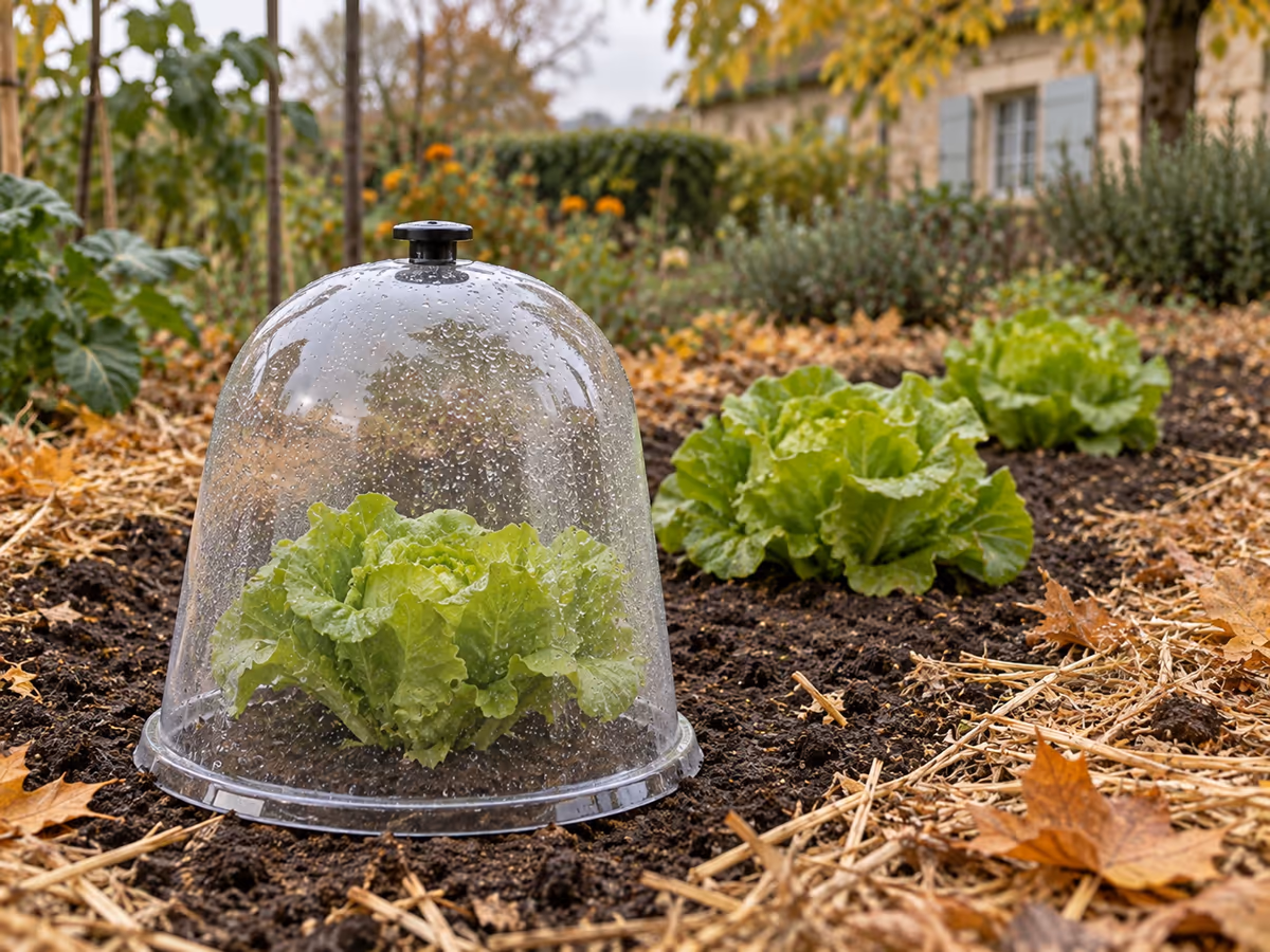 Cloche en plastique transparent posée sur un plant de salade en terre