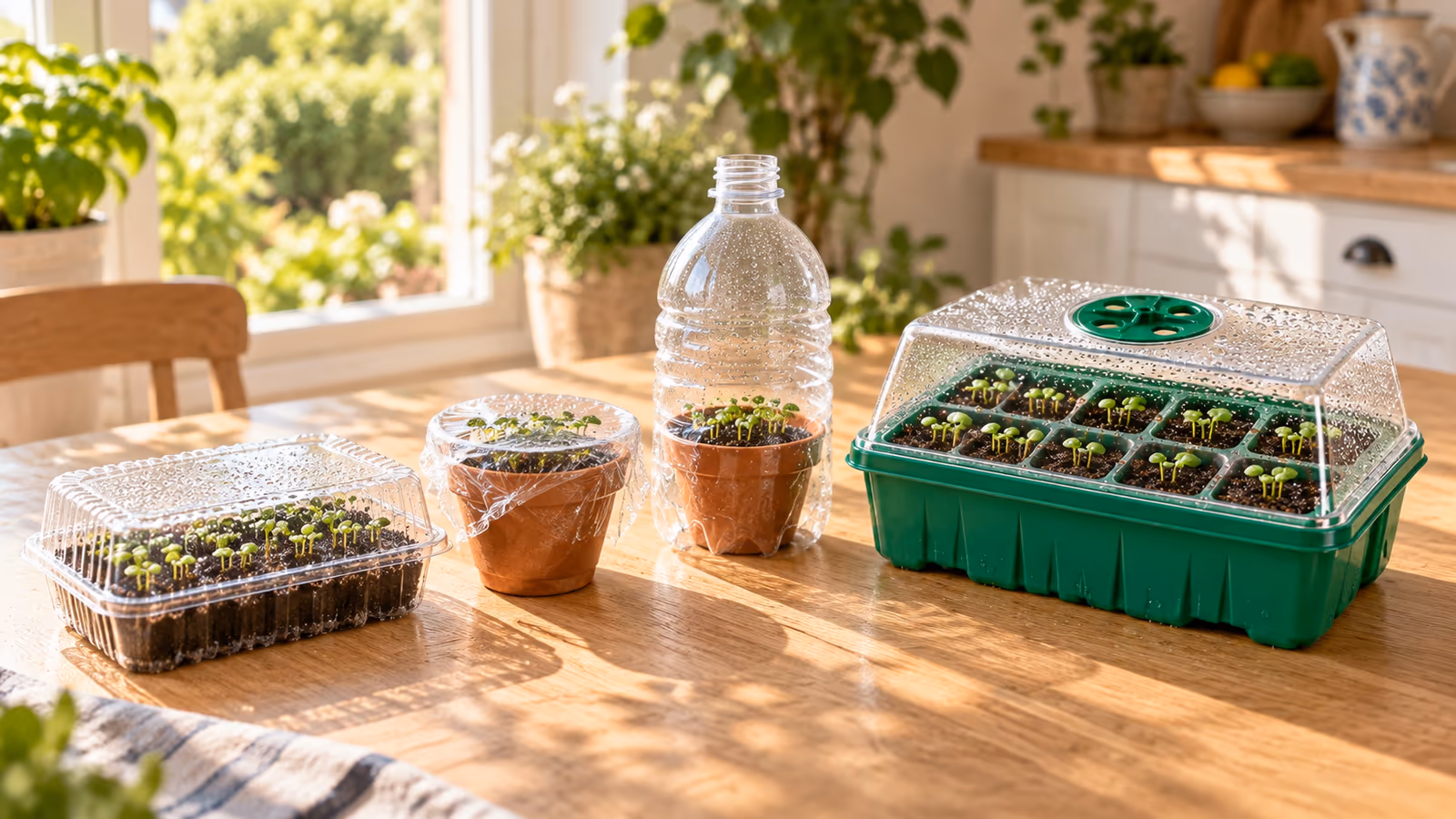 Différents contenants pour semis sur une table : barquette de récupération, pot avec film plastique et mini serre à dôme