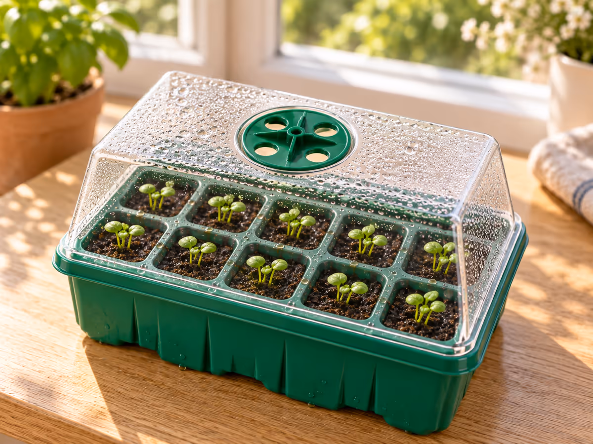 Disque vert d'aération ouvert au sommet d'un dôme transparent de mini serre de germination