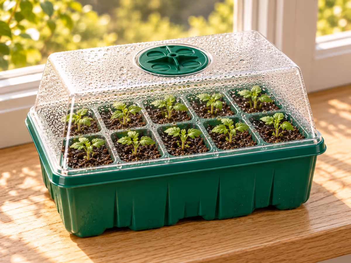 Gouttelettes de condensation sur la paroi intérieure d'un dôme transparent abritant de jeunes plants de tomates