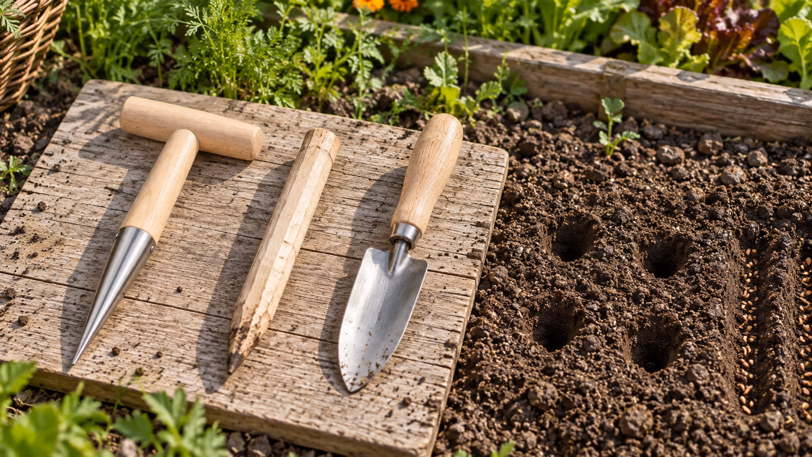 Trois outils à trou posés côte à côte sur une planche de bois clair, un plantoir à pointe, un pieu taillé et une truelle, à côté d'un carré de terre fraîchement ouverte