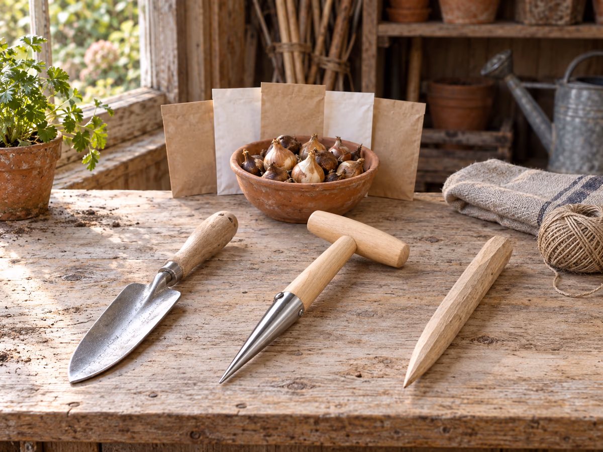 Établi de jardin en bois avec un plantoir à pointe métallique, une truelle à manche court et un pieu taillé alignés devant un carré de graines en sachets et un pot de bulbes