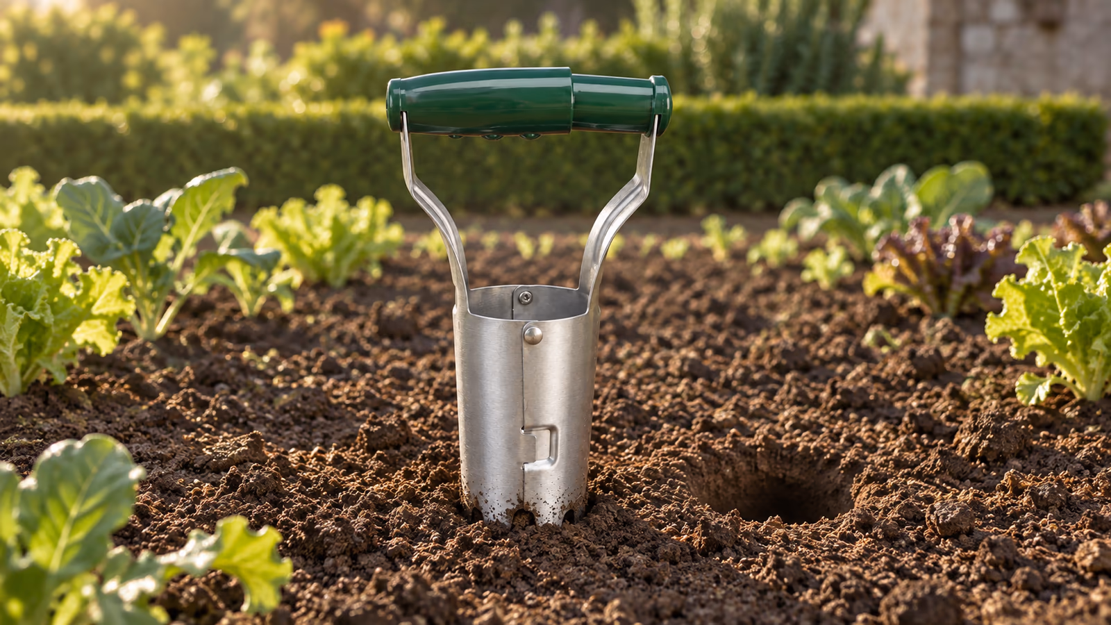 Planche de terre émiettée au petit matin, un transplantoir à tube en acier inoxydable fiché droit dans le sol, poignée verte dépassant, mottes fines autour du trou