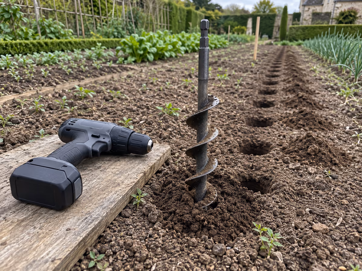 Perceuse sans fil posée sur une planche au bord d'un rang, mèche hélicoïdale plantée dans la terre brune, ligne de trous fraîchement percés derrière