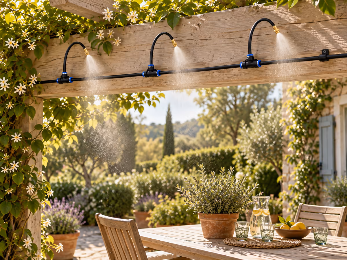 Kit de brumisation manuel fixé le long d'une pergola de terrasse en bois clair