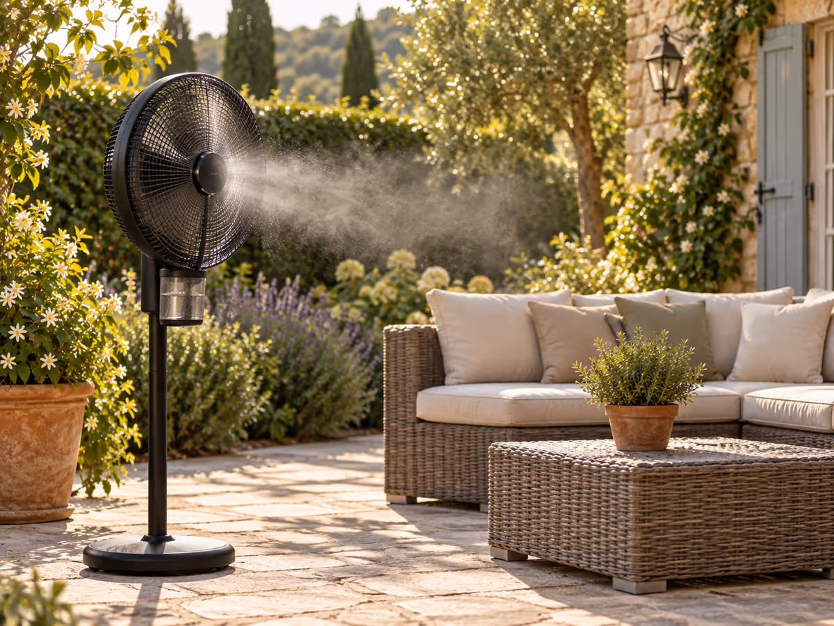 Ventilateur brumisateur noir sur pied près d'un salon de jardin en rotin